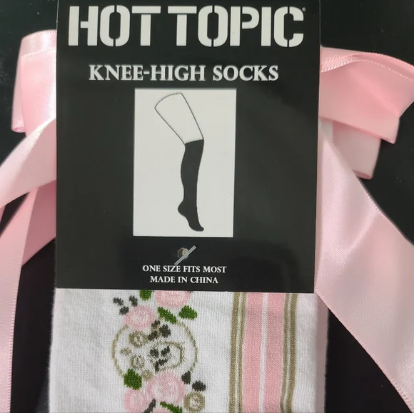 Hot Topic Pink and White Floral Knee-high Socks With Pink Ribbon Bow O/S - Picture 4 of 4